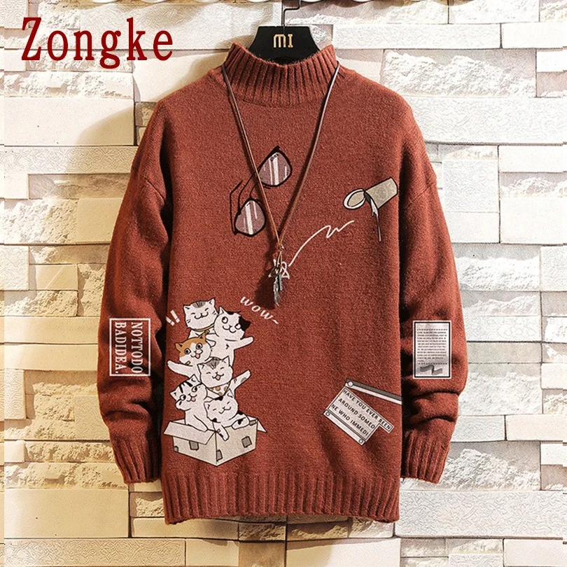 

Zongke 2021 Cartoon Cat Print Black Turtleneck Men Clothes Winter Sweater Men Coats Pullover Mens Turtleneck M-5XL