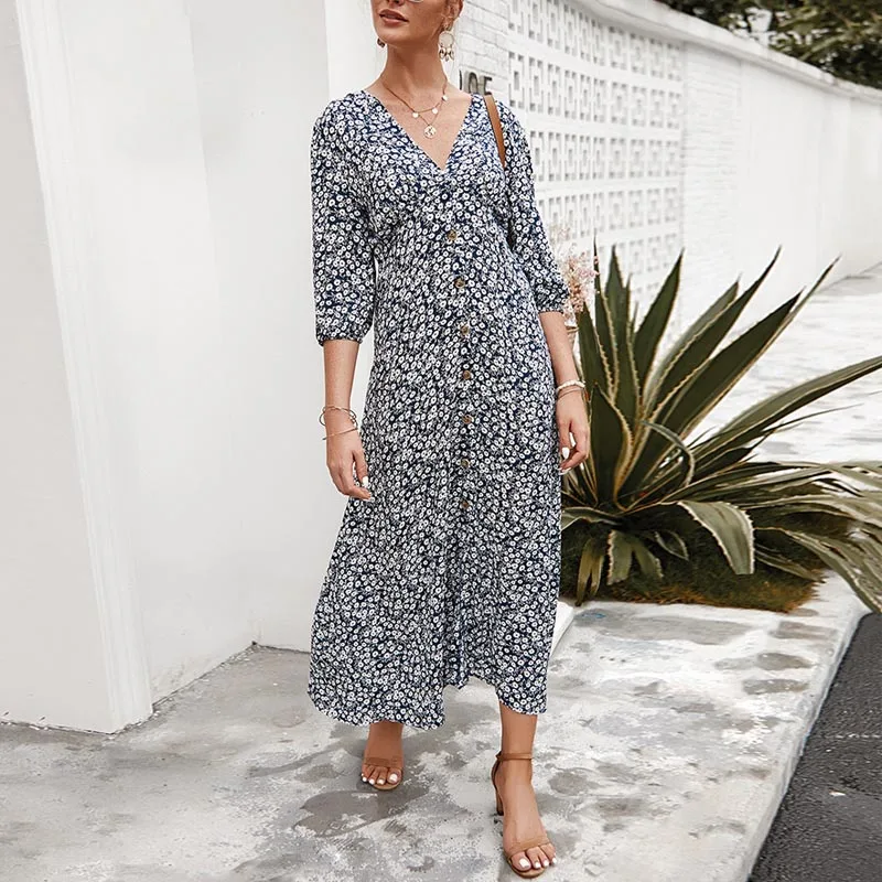 

Женское шифоновое платье, Элегантное повседневное платье с цветочным принтом, с глубоким V-образным вырезом, для весны и осени, 2020