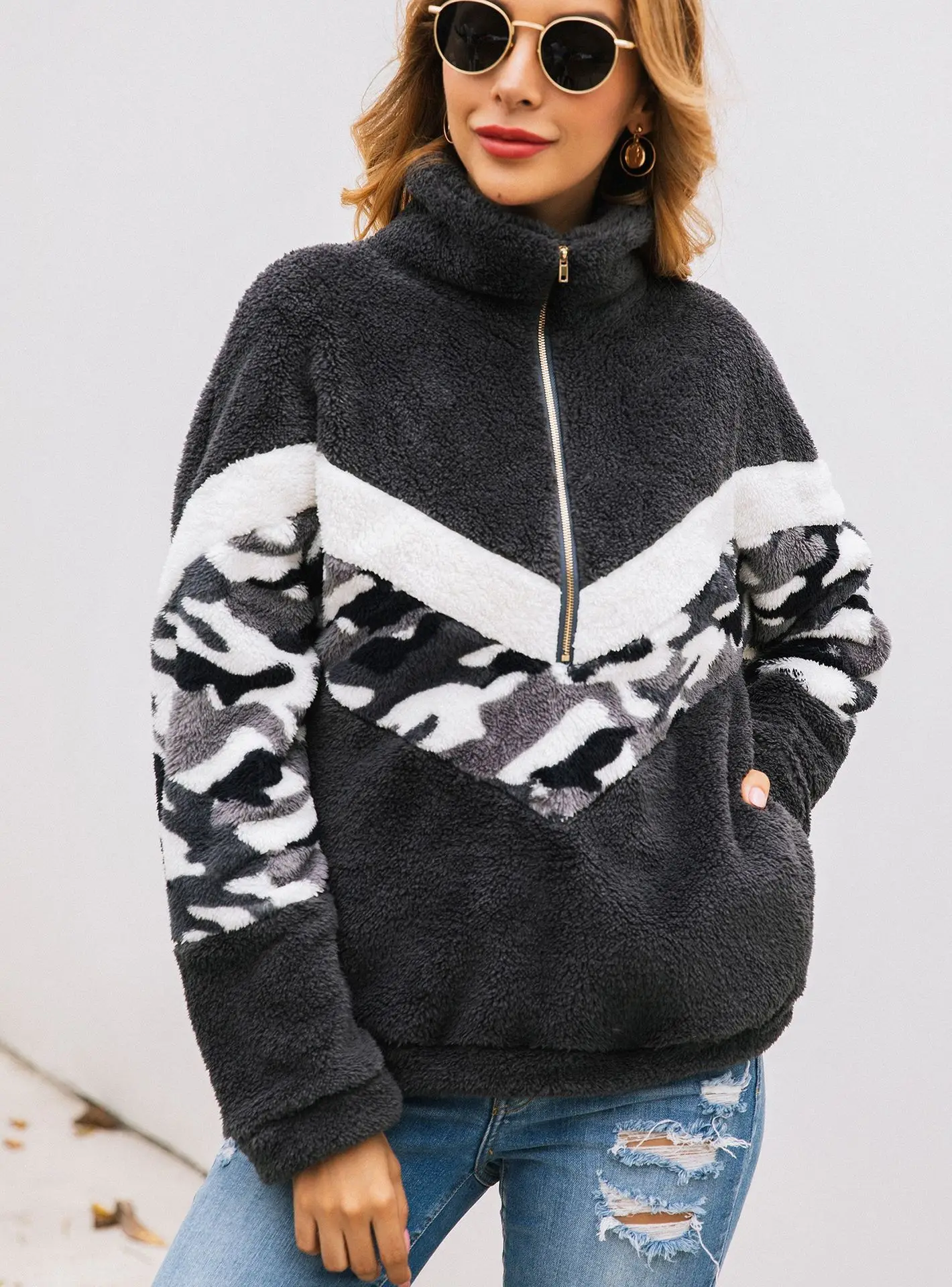 Женская плюшевая толстовка с отложным воротником на молнии|Женские толстовки и