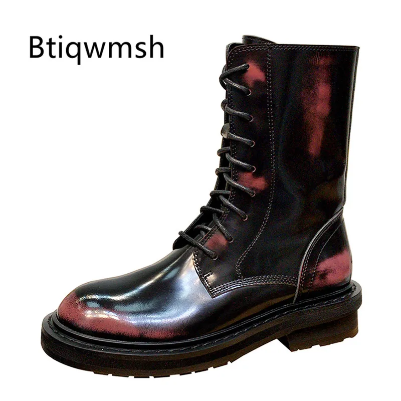 2019 ботильоны из бордовой кожи в стиле ретро ботинки на низком каблуке с круглым