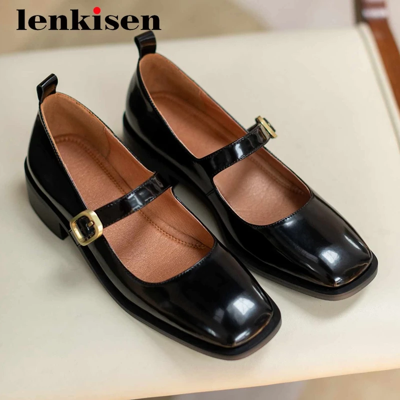 

Lenkisen vintage high quality natural leather dress square toe thick med heel buckle straps comfortable maiden women pumps L3f4