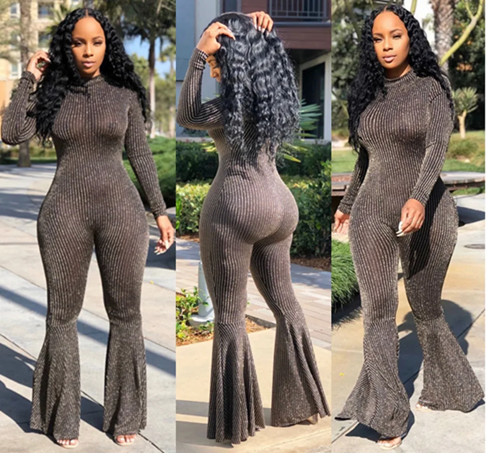 

Rompers Women Jumpsuit Sexy Bell Bottom Bodysuit Casual Party Long Sleeve Striped Flare Playsuits One Piece Plus Size Clothing