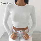 Женский укороченный топ Sweetown, однотонная трикотажная рубашка с длинным рукавом и круглым вырезом, модная уличная одежда для фитнеса и занятий спортом на осень