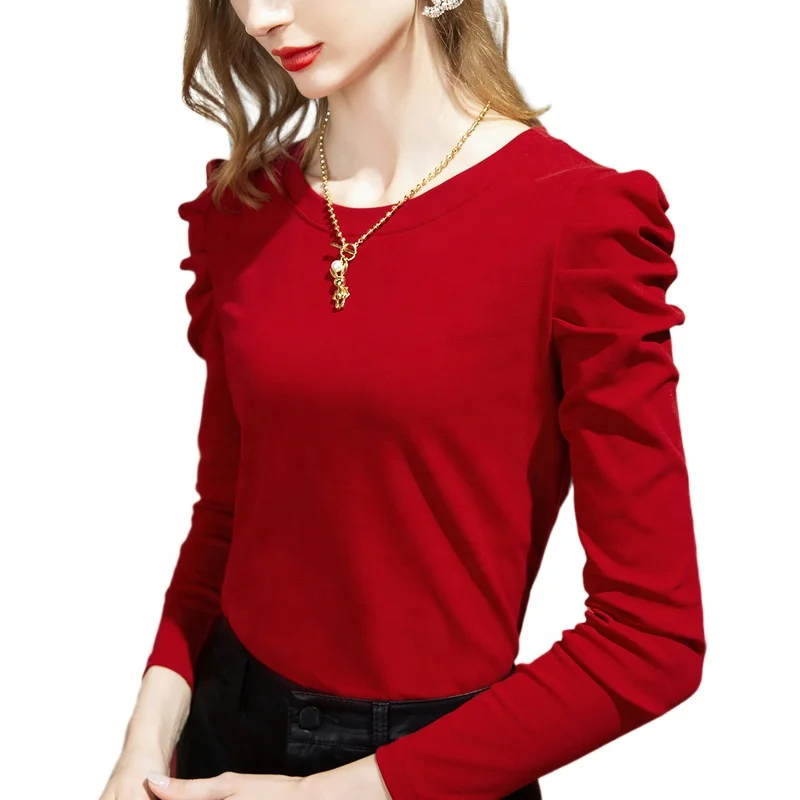 

Long-sleeved T-shirt Women's Fall/winter New Style Solid Color Cotton Pleated Puff Sleeve Design Pullover Knit Top Woman Tshirts