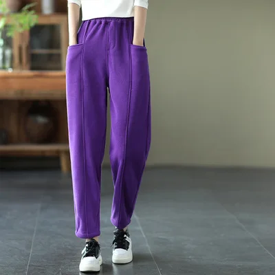 

Literature and Art Plush and Thickened Knitted Pants for Women 2021 Winter New Elastic Waist Loose Warm Casual Pants