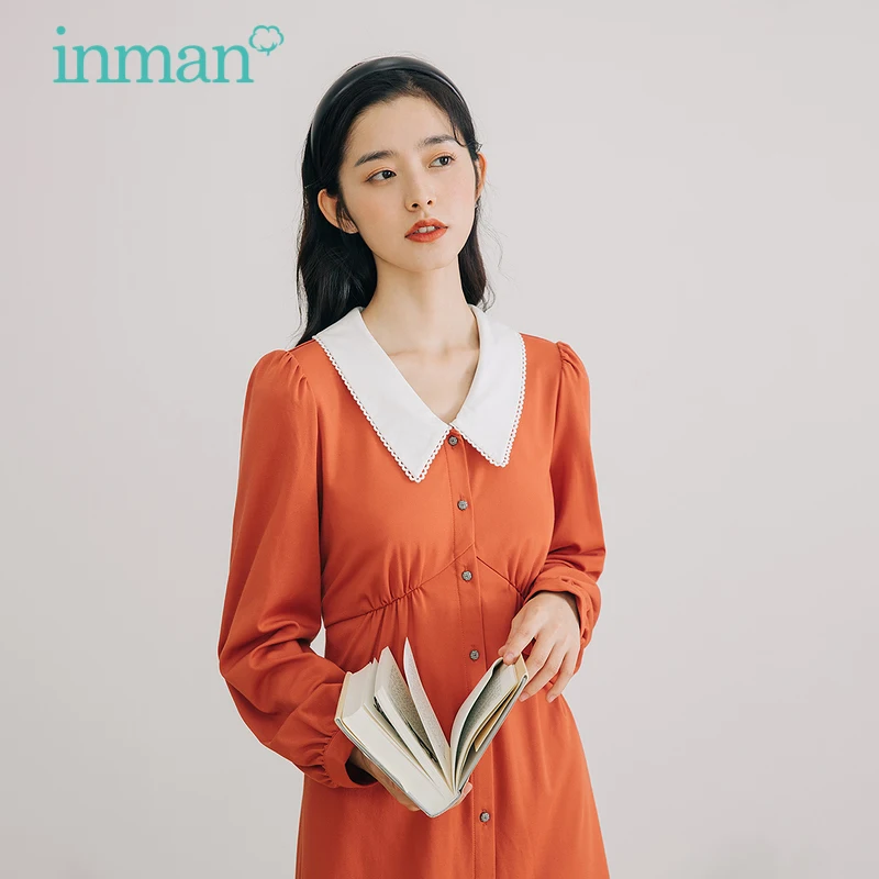 INMAN Women's Dress Autumn  Vintage Pastoral Pointed Lapel Long Sleeve Loose Minimalist One-Piece
