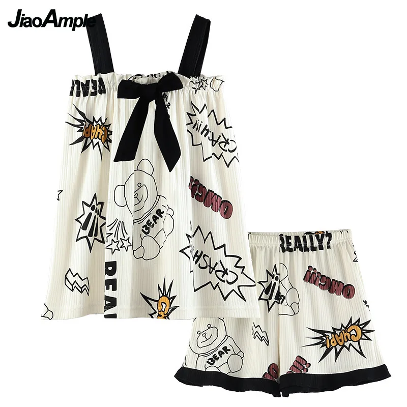 Summer Thin Knitted Cotton Pajamas Women Cartoon Cute Nightie 2021 New Suspender Shorts Sleepwear Two-Piece Casual Home Clothes