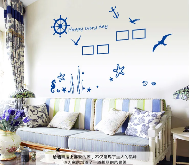 

Free Shipping Blue sea view creative fashion bedroom living room decorative wall stickers can be removed