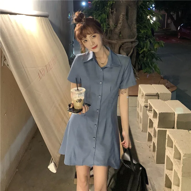 

One-Piece 2021 Korean Style Summer Women'S Chic Dress French Vintage Turn-Down Collar Dress Temperament Love Button Shirt Dress