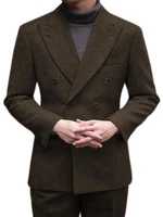 2021 winter brown tweed mens suit formal business herringbone double breasted peaked lapel man wedding tuxedo office wear 2 pcs