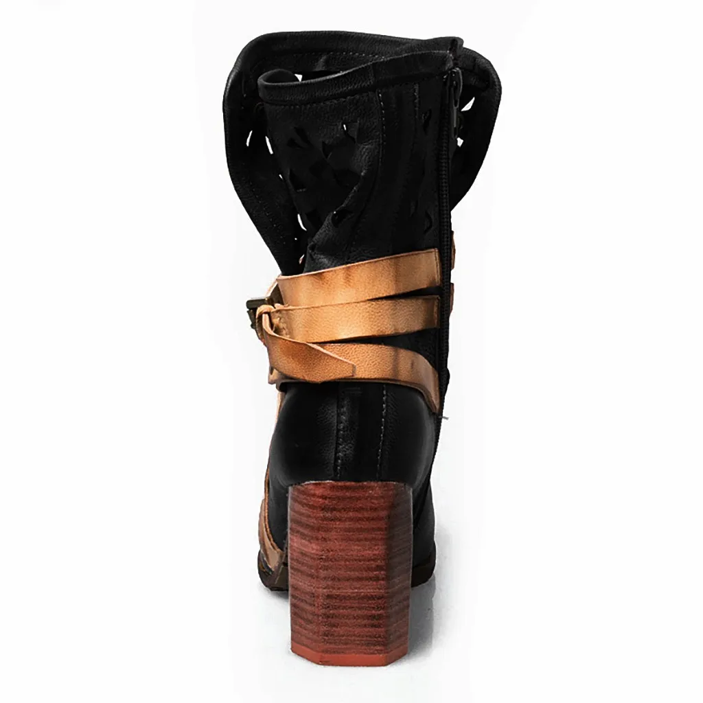 

high heel boots women winter and autumn 2019 Women Winter Hallow Med Heels Boots Flower Retro Belt Buckle Shoes