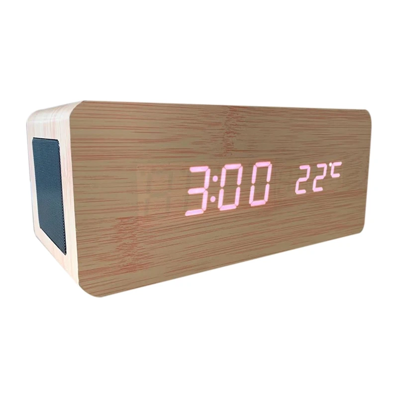 Bamboo Wooden Alarm Clock with Bluetooth Speaker Voice Control LED Digital Wireless Charging Phone Wood Temperature Table | Дом и сад