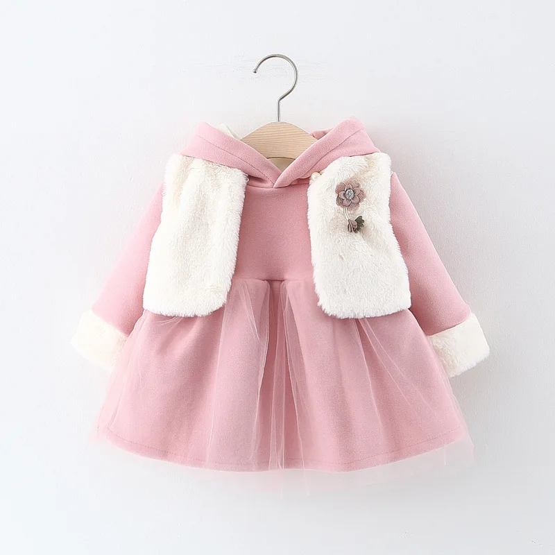 Зимнее платье с капюшоном и заячьими ушками для маленьких девочек длинными