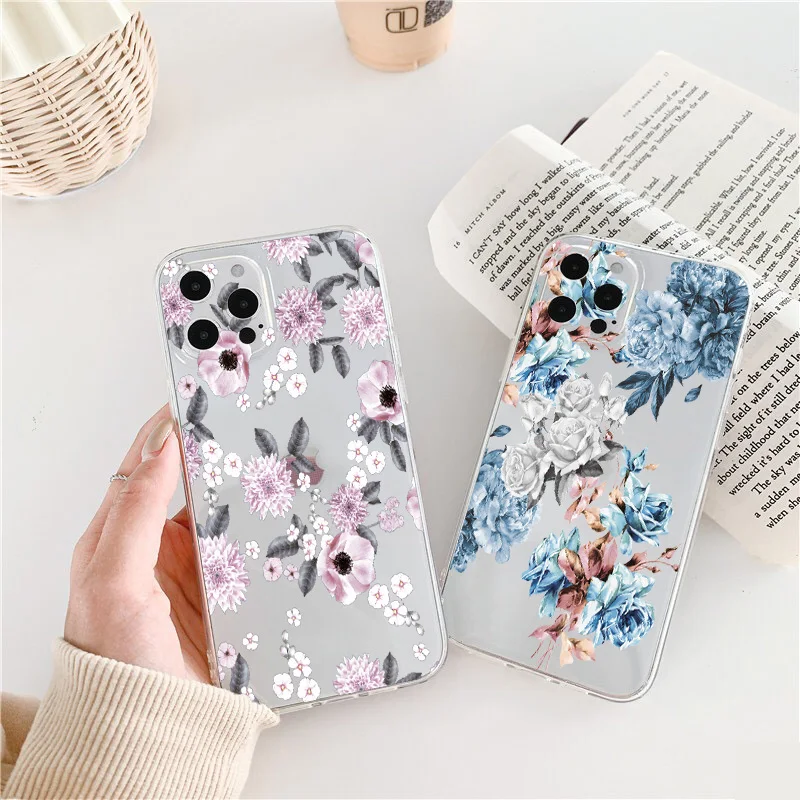 

Flower Clear Phone Case for iphone 7 8 Plus SE 2020 X XR XS MAX for iphone 11 12 13 Pro Max Florals Back Transparent Cover Funda