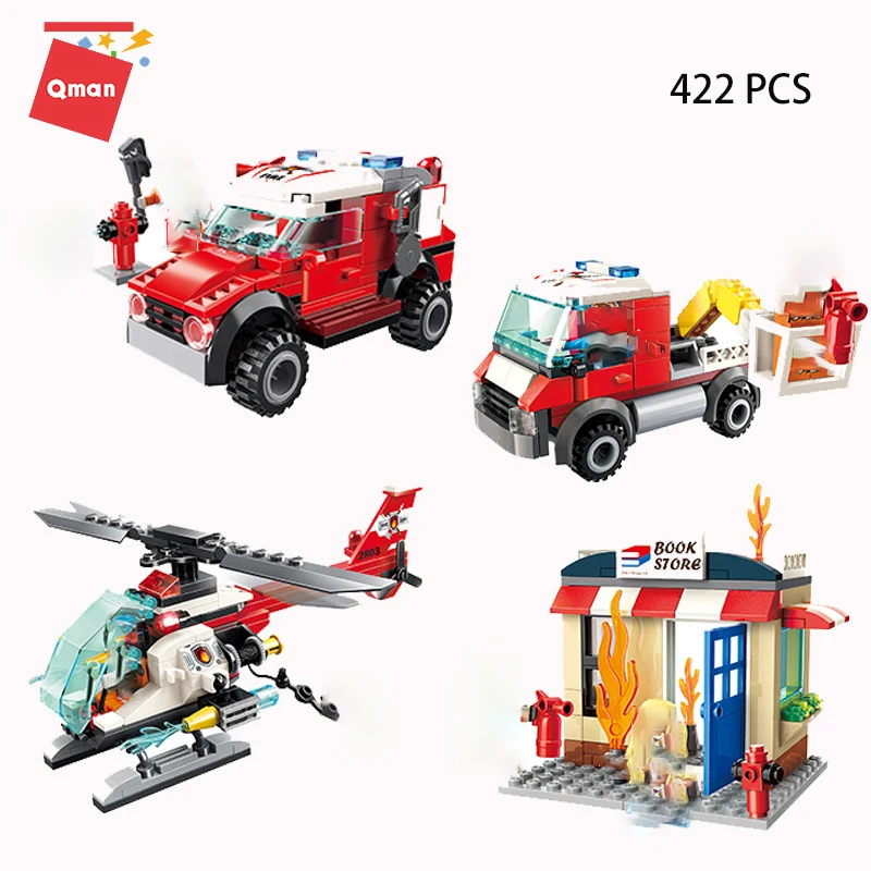 

Qman 422pcs Fire Fighting Rescue Trucks Car helicopter Building Blocks compatible City Firefighter Bricks children Toy Christmas