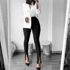 Офисные женские облегающие эластичные расклешенные брюки с разрезом Женские однотонные брюки с высокой талией пуш-ап на пуговицах до щиколотки