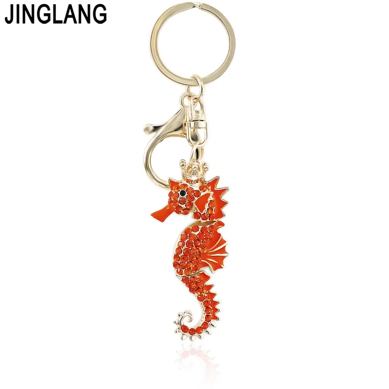 JINGLANG Gold Color Lobster Clasp Keyring Crystal Enamel Sea Horse Animal Charms Keychains For Men Jewelry Car Pendants | Украшения и