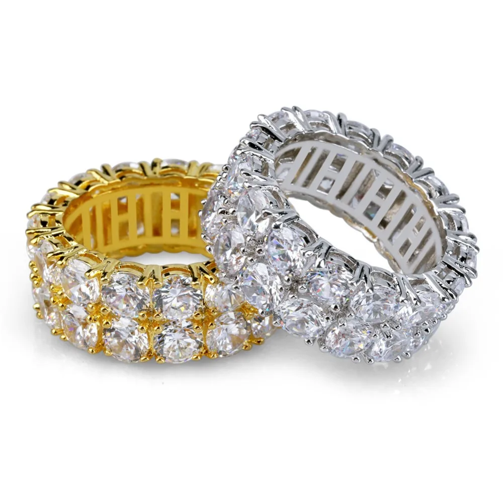 

2 Row CZ Solitaire Ring For Men/Women Gold/Silver Color Iced Out Charm Round Ring Band Classic Hip Hop Jewelry For Gifts