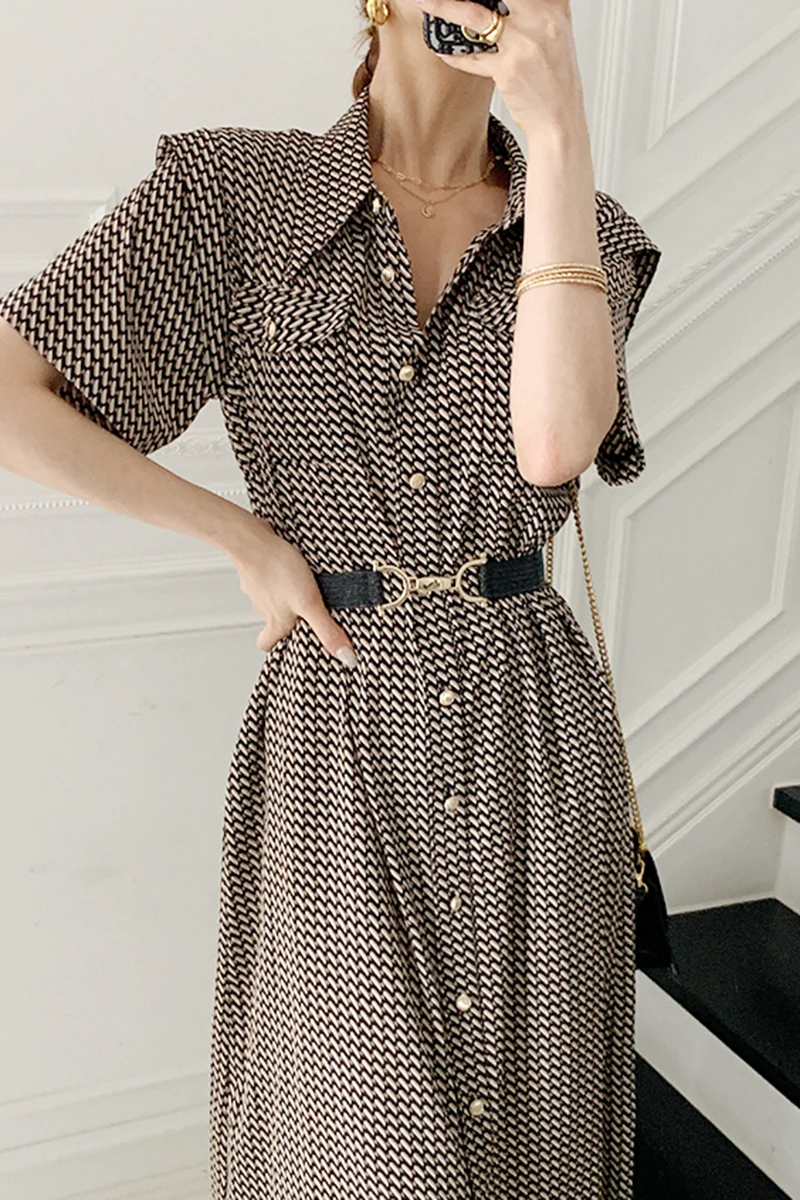 

Summer Vintage Short Sleeve Single Breasted Shirt Dress For Women Elegant High Street Office Ladies A Line Midi Dress Chic