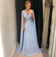 dlass store sky blue long evening dresses v neck chiffon withe beading formal prom gowns with cloak vestidos de fiesta new