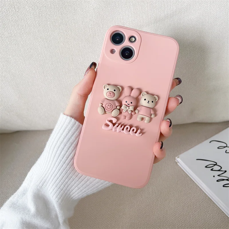 New Fashion Cartoon Pink Bear Silicone Case For iPhone 13 11 12 Pro Max Mini Xs Max XR X 7 8 6 6s PIus SE 2020 Love Soft Cover