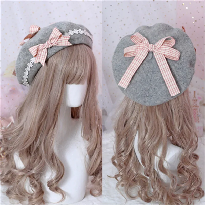 Japanese Handmade Kawaii Wave Pattern Bow Hair Ball Beret Biscuits Soft Girl LOLITA Handmade Bud Hat Cosplay Christmas Gift Mori