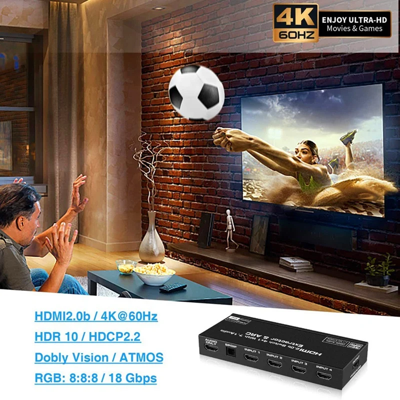 

HDMI2.0 Splitter Four in Two Out 4K60 to HDMI Video Audio Amplifier HDMI7.1 Audio Separator