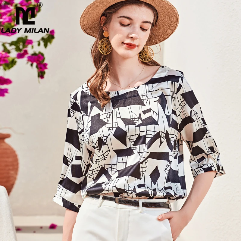 

100% Silk Women's T Shirt O Neck 3/4 Sleeves Fashion Casual Blouse Shirt Tops