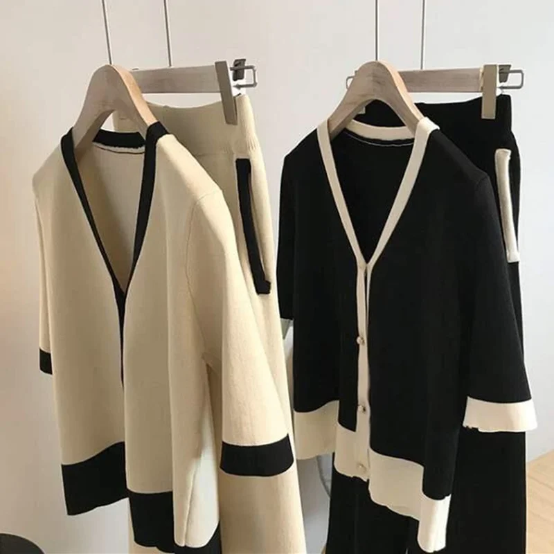 

2021 Spring Fall Knit Suit Temperament Wide Leg Pants Women's Fashion Two Piece Suit Ladies Loose Trousers Top 2 Pcs Outfits