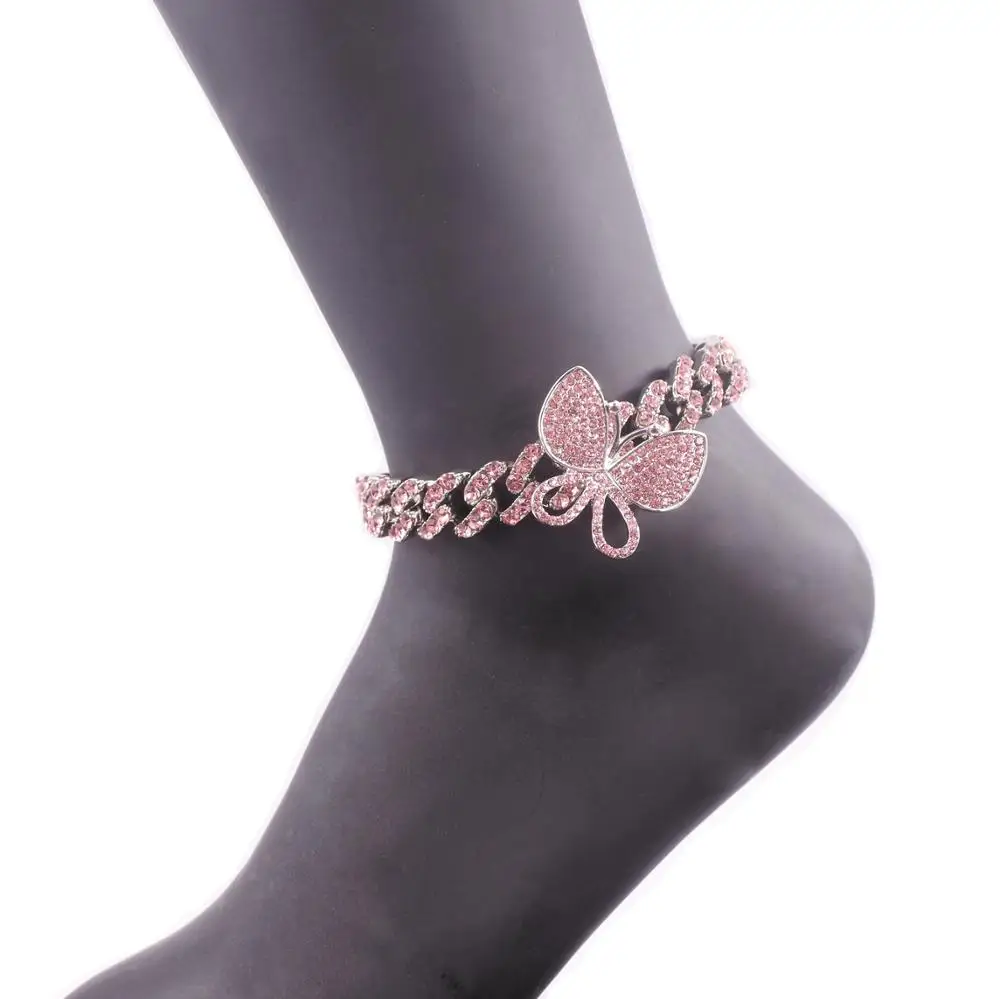 

pink crystal butterfly cuban link chain anklets hip hop women feet legs 12mm rose gold silver color iced out fashion jewelry