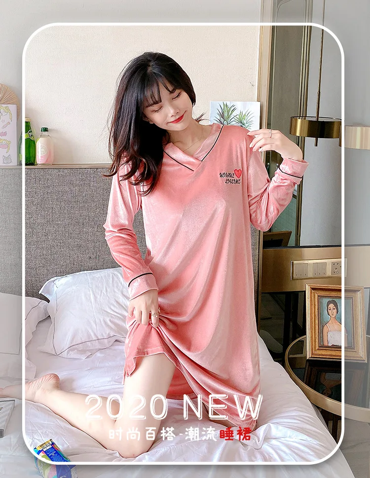 Fall / Winter 2020 Nightdress Gold Velvet V-Neck Long Sleeve Solid Single Piece Household Women's Wear Sleep Tops Homing Dress