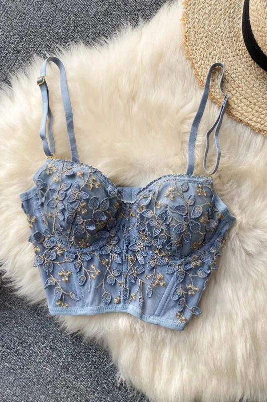 

2021 summer new sexy embroidery crop tops off shoulder all-match spaghetti strap tanke top sleeveless slim fit camis for women