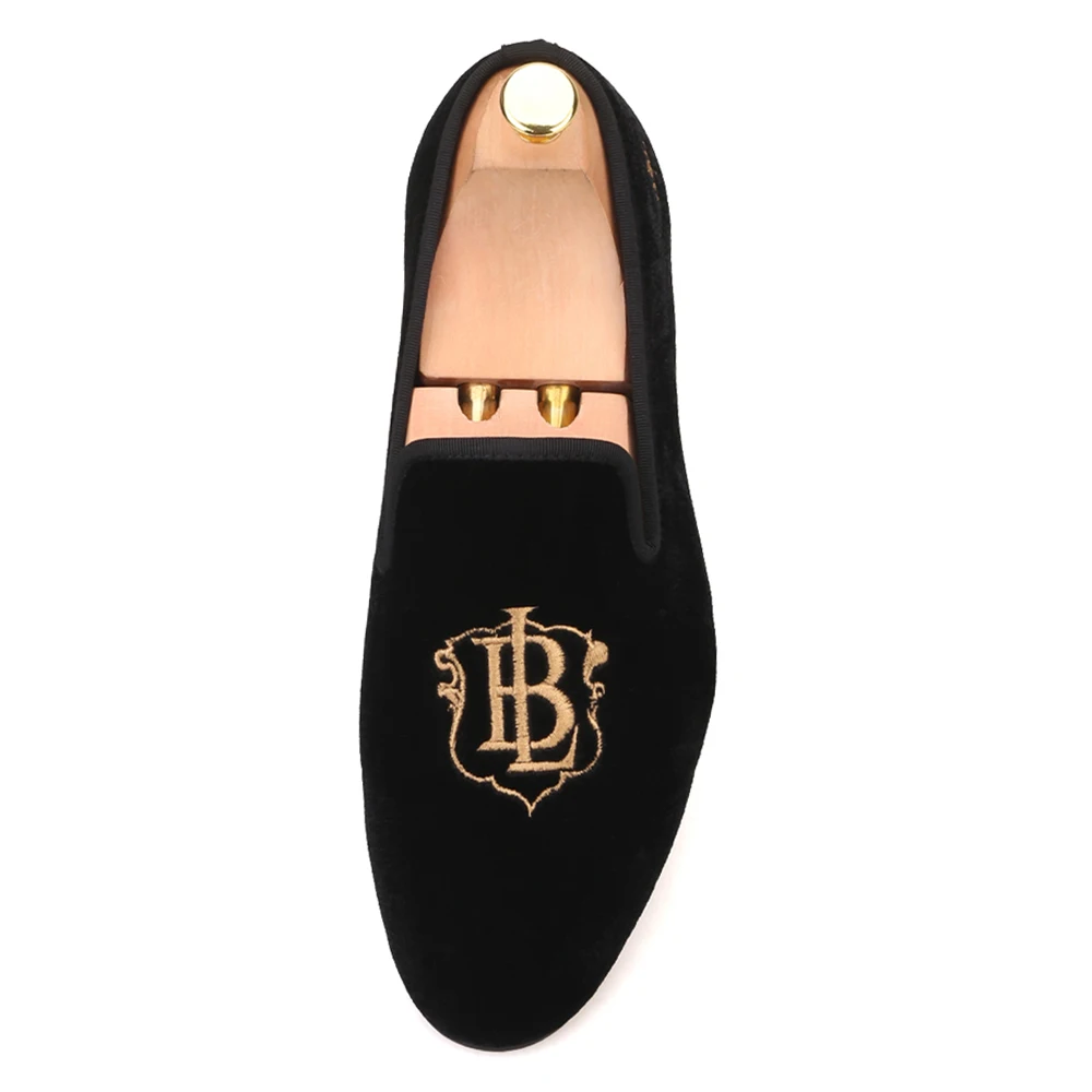 Piergitar new style fashion men loafers with LB letters gold embroidery handmade velvet shoes party and wedding men's flat | Обувь