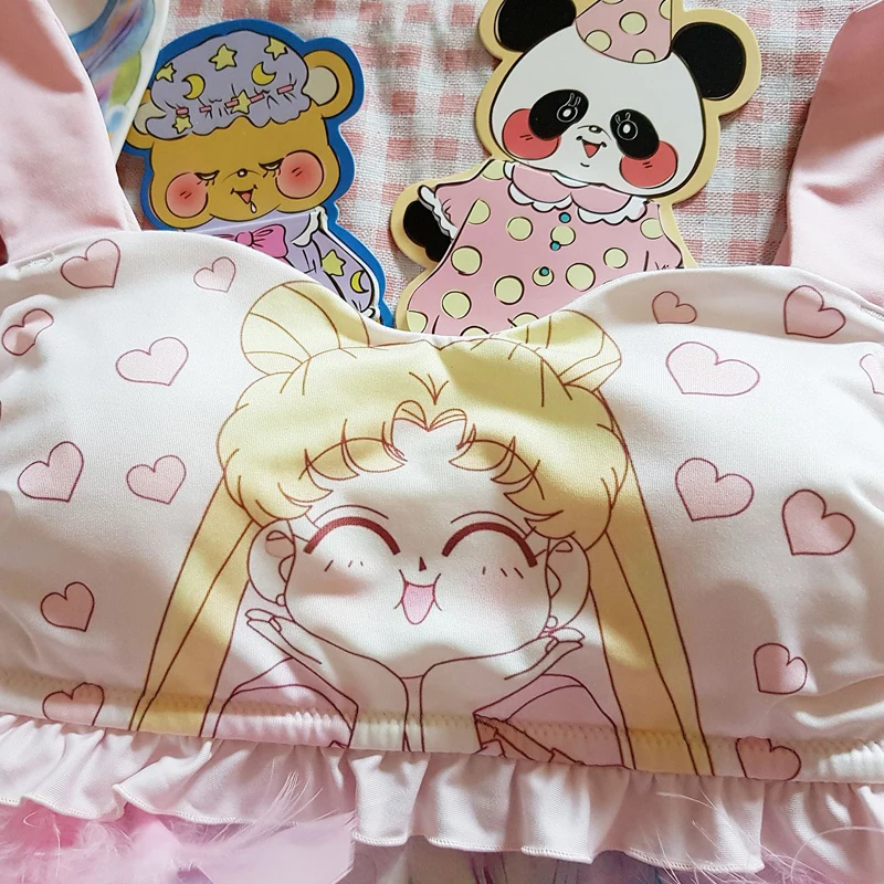 Аниме Сейлор Мун узор комплект нижнего белья Kawaii розовый кролик уха ТРУБА Топ бюстгальтер и трусики наборы японский сексуальный Лолита белье костюм