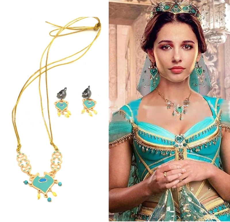 

Women Jasmine Royal Crown Headband Earrings Pendant Necklace Jewelry Set Teal Dress Up Princess Adults Kids Costume Kit R9JE