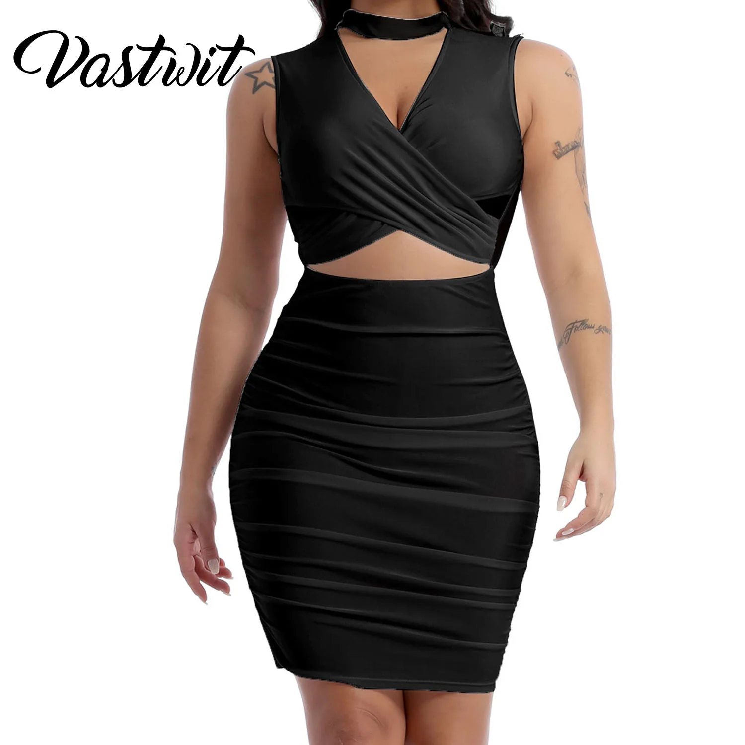 

Женское облегающее мини-платье без рукавов с лямкой на шее и открытой спиной