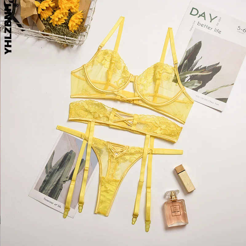 

YHLZBNH Sexy Women's Underwear Set Transparent Lace Lingerie Bra 3 Piece Set Sleewear Push Up Bra Lace Underwear Brief Sets