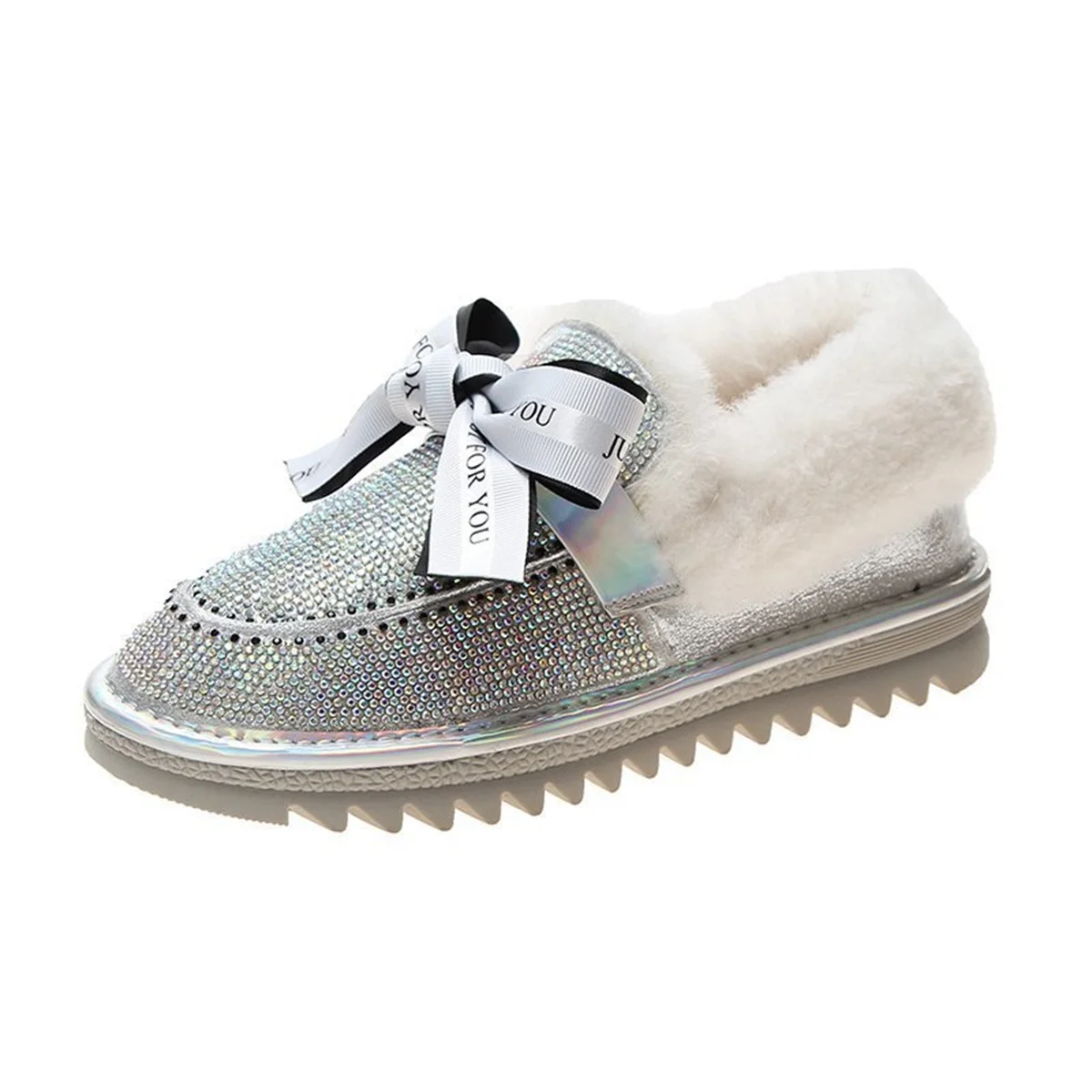 

Full Rhinestone Ribbon Snow Boots Women's Winter Short Tube New Fashion Plus Velvet Thick One-Step Cotton Shoes