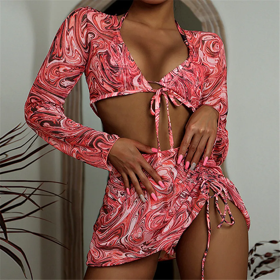 

CHYAOWU0130 3 Pieces Set Bikini Long Sleeve Swimsuit Women Triangle Bathing Suits conjunto biquinis feminino trajes de baño muje