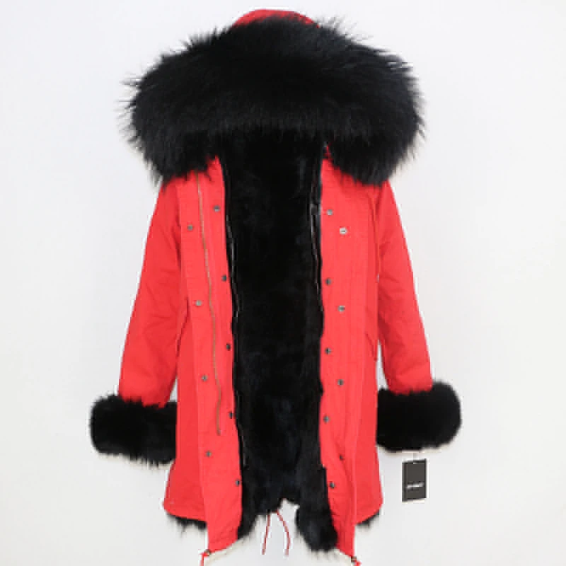 red black DX Женская парка на натуральном меху OFTBUY, черное пальто с натуральным лисьим мехом, с капюшоном с отделкой из меха енота, толстая теплая уличная одежда, зима - Цвет: red black DX