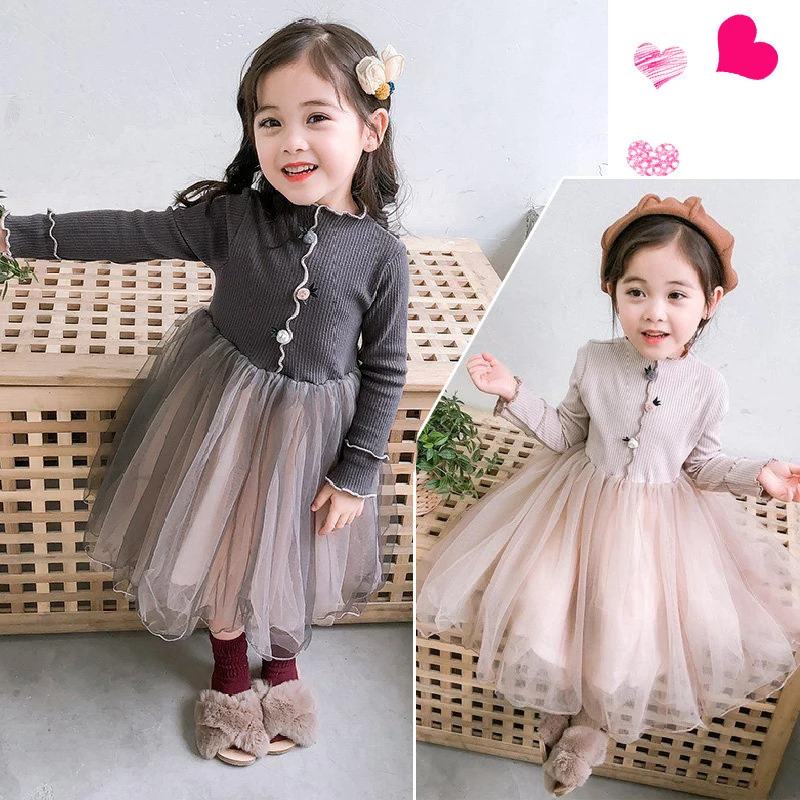 Платье для девочек с имитацией двух вставок сетчатые зимние платья розовые серые