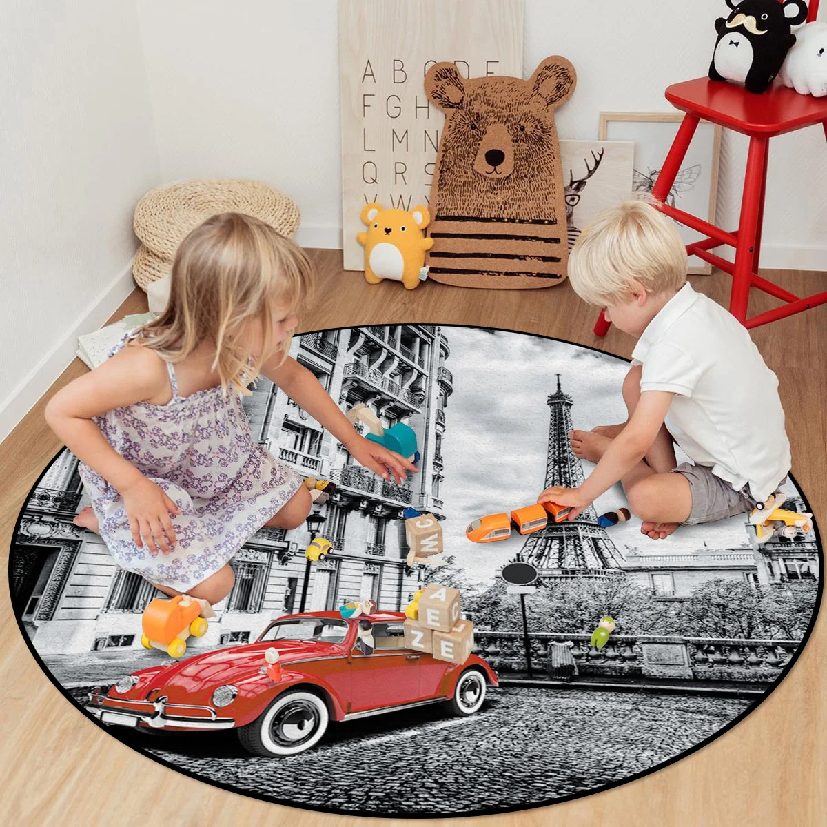 Красные круглые коврики с винтажным принтом в виде автомобиля парижской башни