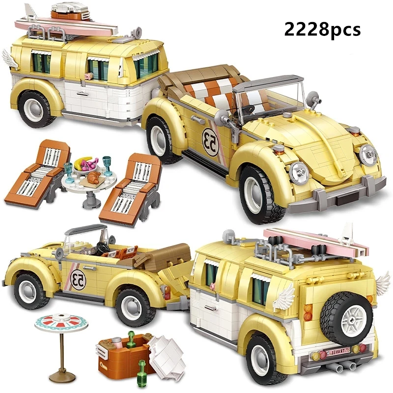 

2228pcs 1:18 Classic City Camper Car Mini Building Blocks Friends Vacation Vehicle Moc Technical Bricks Toys For Girls