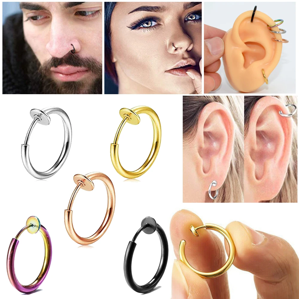 

5PCS Clip On Earrings Fake Spring Clip On Labret Nose Clips Ring Stealth Hoop Lip Ring Helix Ring hoop No Piercing earring