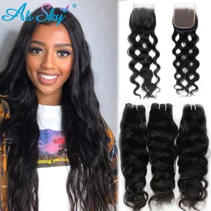 Alisky перуанские волосы естественно волнистые пряди с закрытием Фронтальная застежка с пряди бразильских Волосы Remy человеческие волосы для наращивания волос