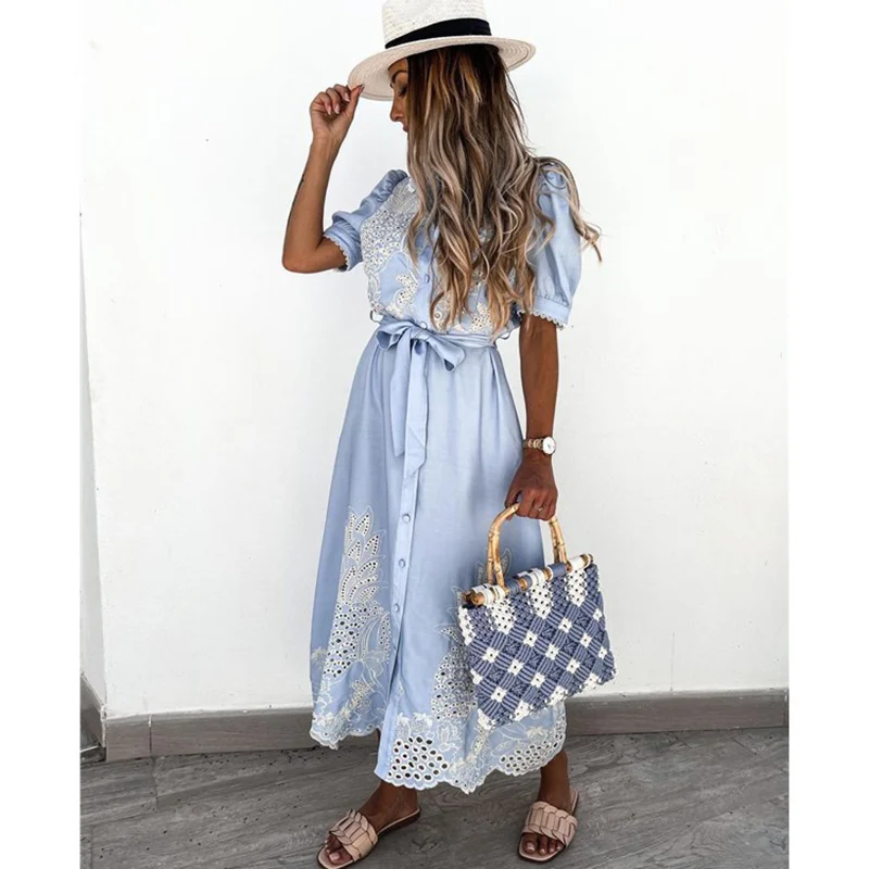 

2021 Summer Puff Sleeve Lace Women Dress Sexy Hollow Embroidery tunics Long Dress Elegant Women Tie-Up Belted Shirt Dress