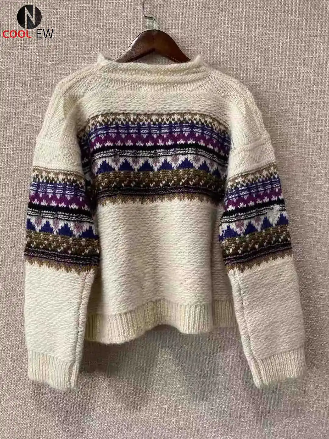 

High Quality Women Wool Blend Long Sleeve O Neckline Contrast Intarsia Knitting Sweater Pullover Jumper Top