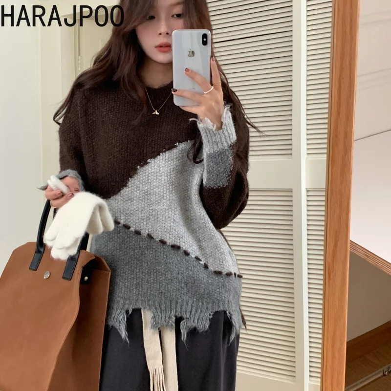 

Clothing Harajpoo Women Fashion Thick Knitted Autumn Winter 2021 New Loose Korean Raw Edge Color Matching Crew Neck Sweaters
