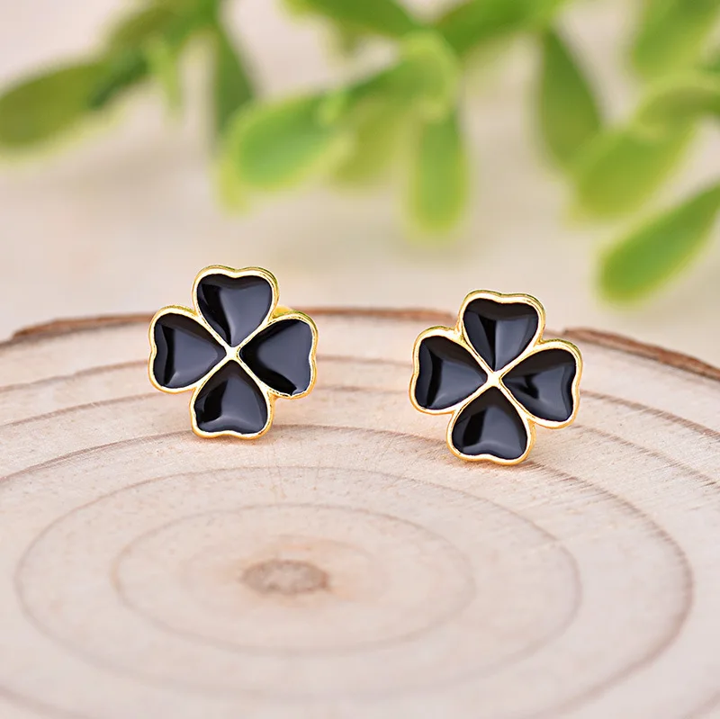 Черные серьги с четырехлистным клевером гвоздики из стерлингового серебра S925