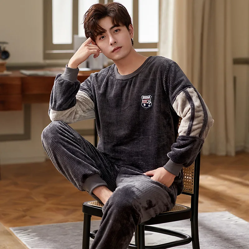 구매 2020 년 겨울 잠옷 투피스 세트, 남성 잠옷, 두꺼운 긴 소매 니트 플란넬, 따뜻하고 루즈한 수면 상의, 홈웨어, 라운지웨어